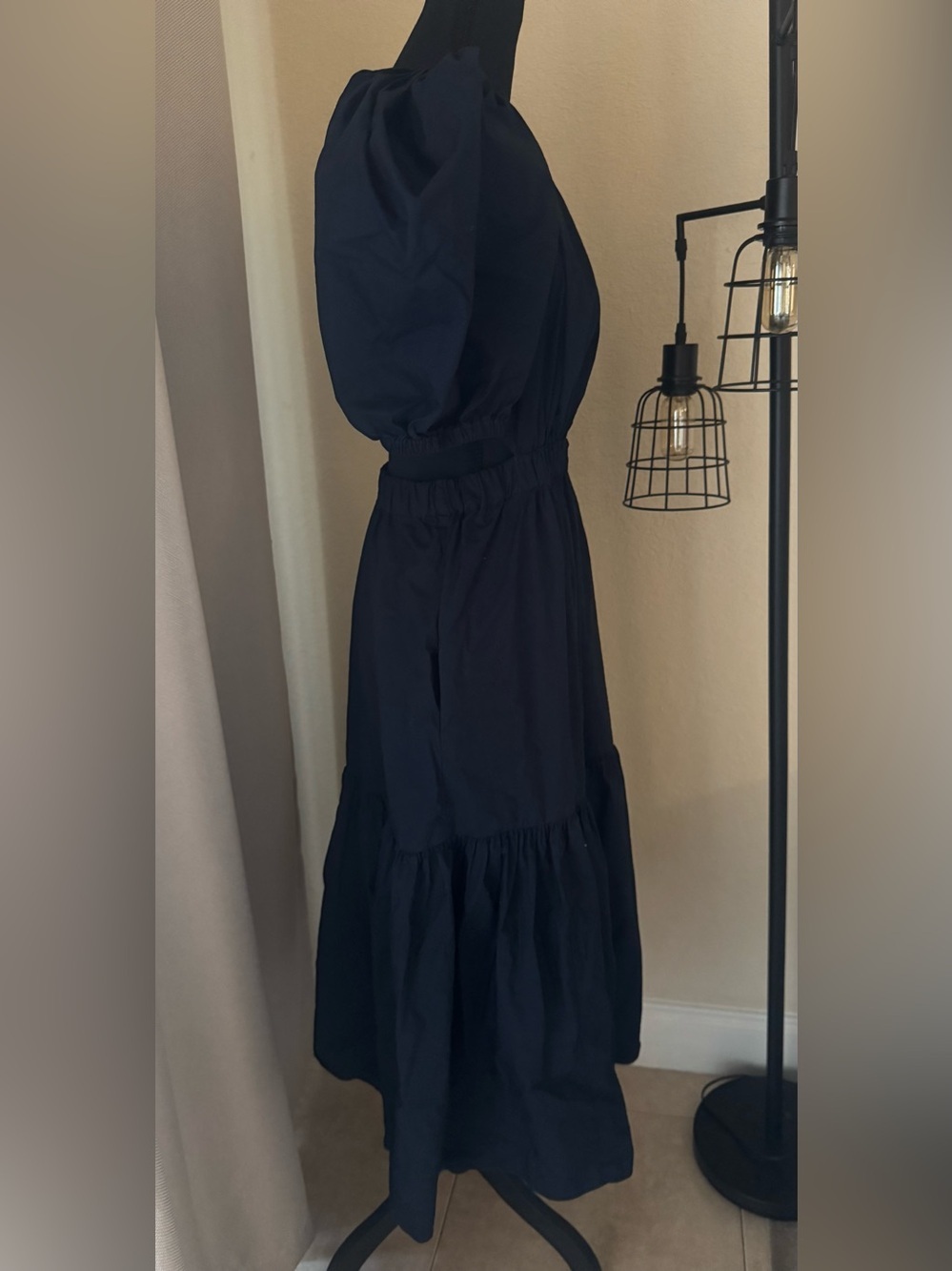 Ulla Johnson Navy Cotton Puff Sleeve Cutout Midi Dress Size 6 - Picture 5 of 9